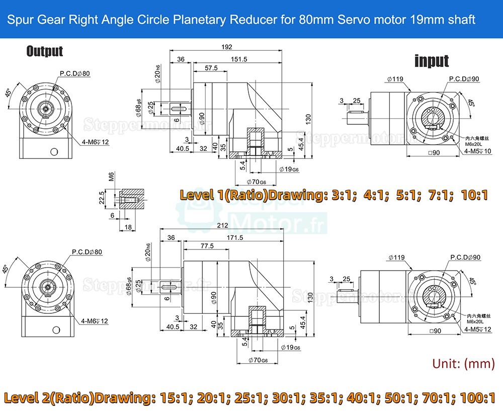 R&eacute;ducteur plan&eacute;taire &agrave; angle droit Nema 34 s&eacute;rie PVE090 rapport 3:1 &agrave; 100:1 pour moteurs pas &agrave; pas NEMA 34 / servomoteurs de 80 mm